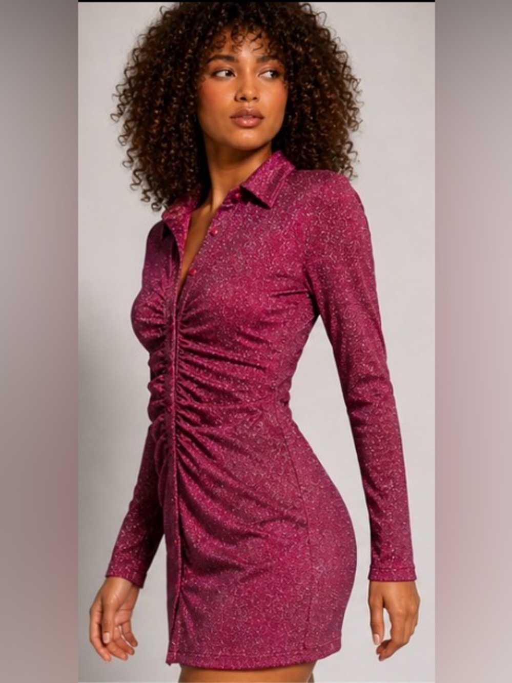 Good American Pink Sparkle Metallic Ruched Mini Dress Long Sleeve Sz 2 NWT - Picture 2 of 11